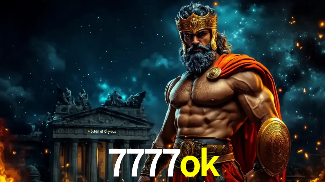 O poderoso Zeus do jogo de slot Gates of Olympus em frente ao seu templo, pronto para lançar multiplicadores divinos e prêmios épicos no cassino online 7777ok.