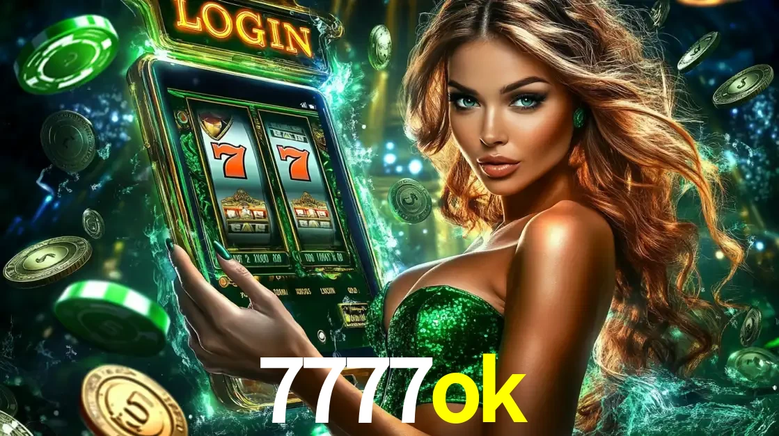 Mulher com tema verde apresentando o aplicativo do cassino 7777ok com um jogo de slot de 777, cercada por fichas de cassino e uma aura de sorte.