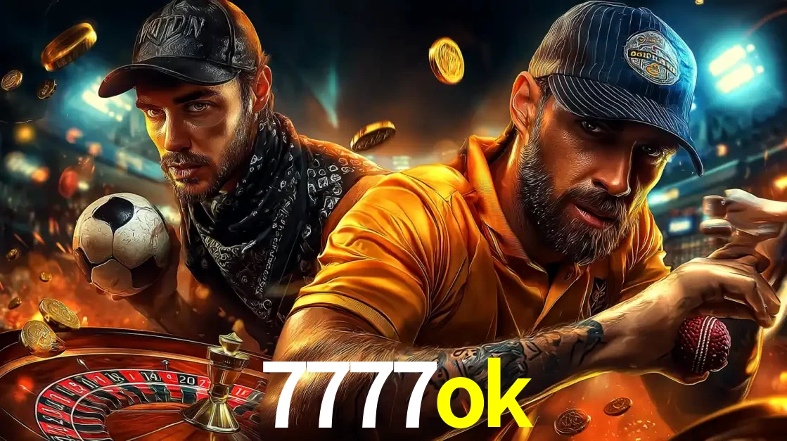 Montagem de apostas esportivas e cassino no 7777ok, com um homem segurando uma bola de futebol e outro uma de beisebol sobre uma roleta e moedas voadoras.