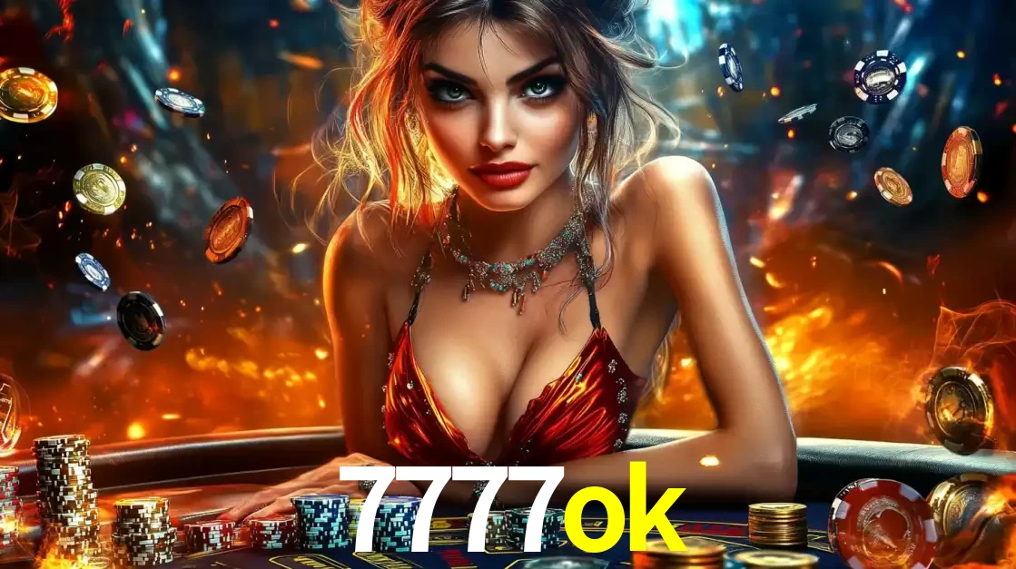 Mulher em uma mesa de cassino com pilhas de fichas e um fundo de fogo, pronta para uma rodada de altas apostas nos jogos de mesa emocionantes do cassino 7777ok.