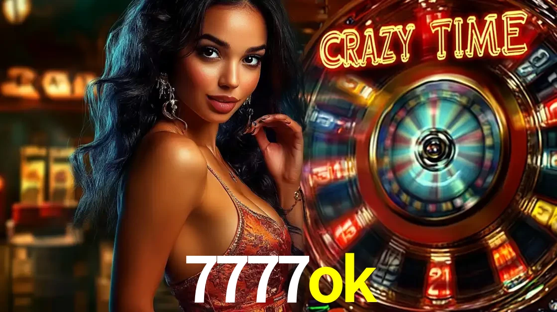 Mulher elegante ao lado da vibrante roda da fortuna do jogo de cassino ao vivo Crazy Time, um dos game shows mais populares e cheios de prêmios do 7777ok.