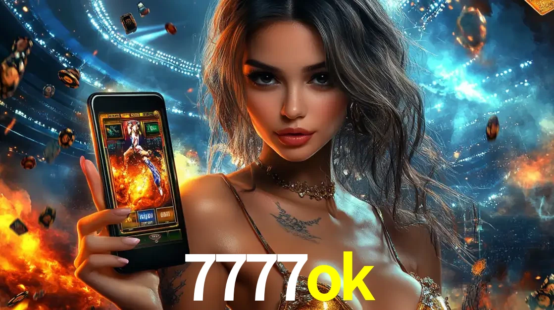 Mulher segurando um celular com um jogo de slot em destaque, tendo como fundo um estádio vibrante, simbolizando a emoção de jogar no cassino móvel 7777ok.